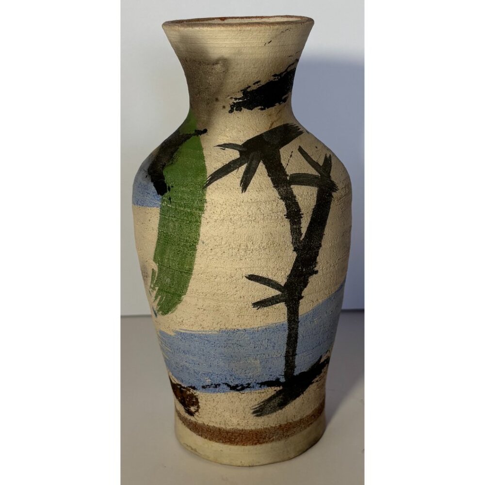 Vintage Collectible Handmade Hand Painted Vase Nautical Pottery Holly Blue Black